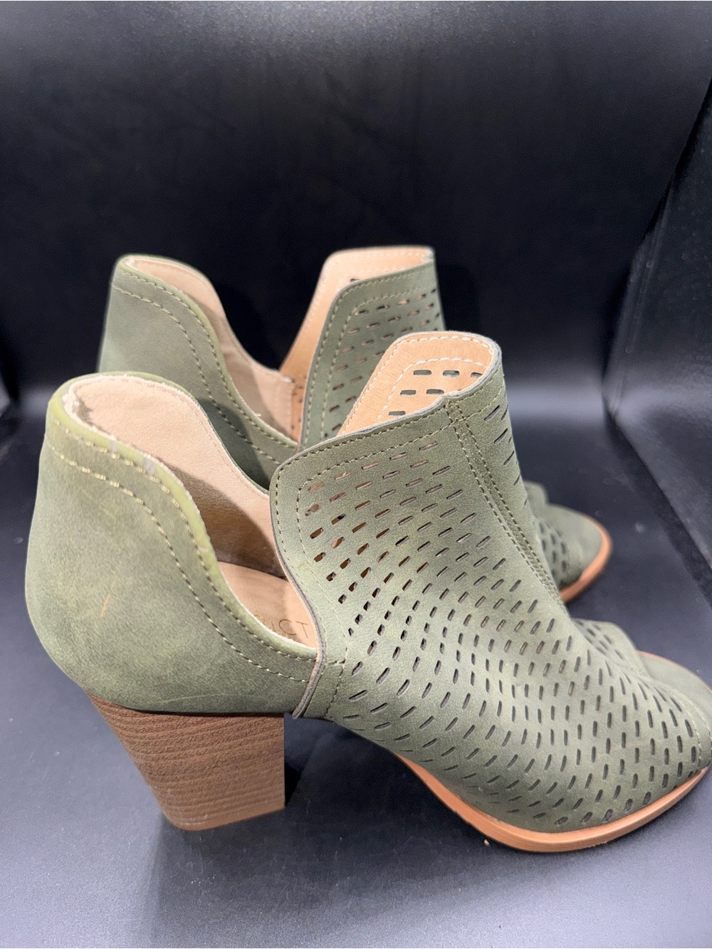 Women's Olive Green Perforated Suede Block Heel Booties